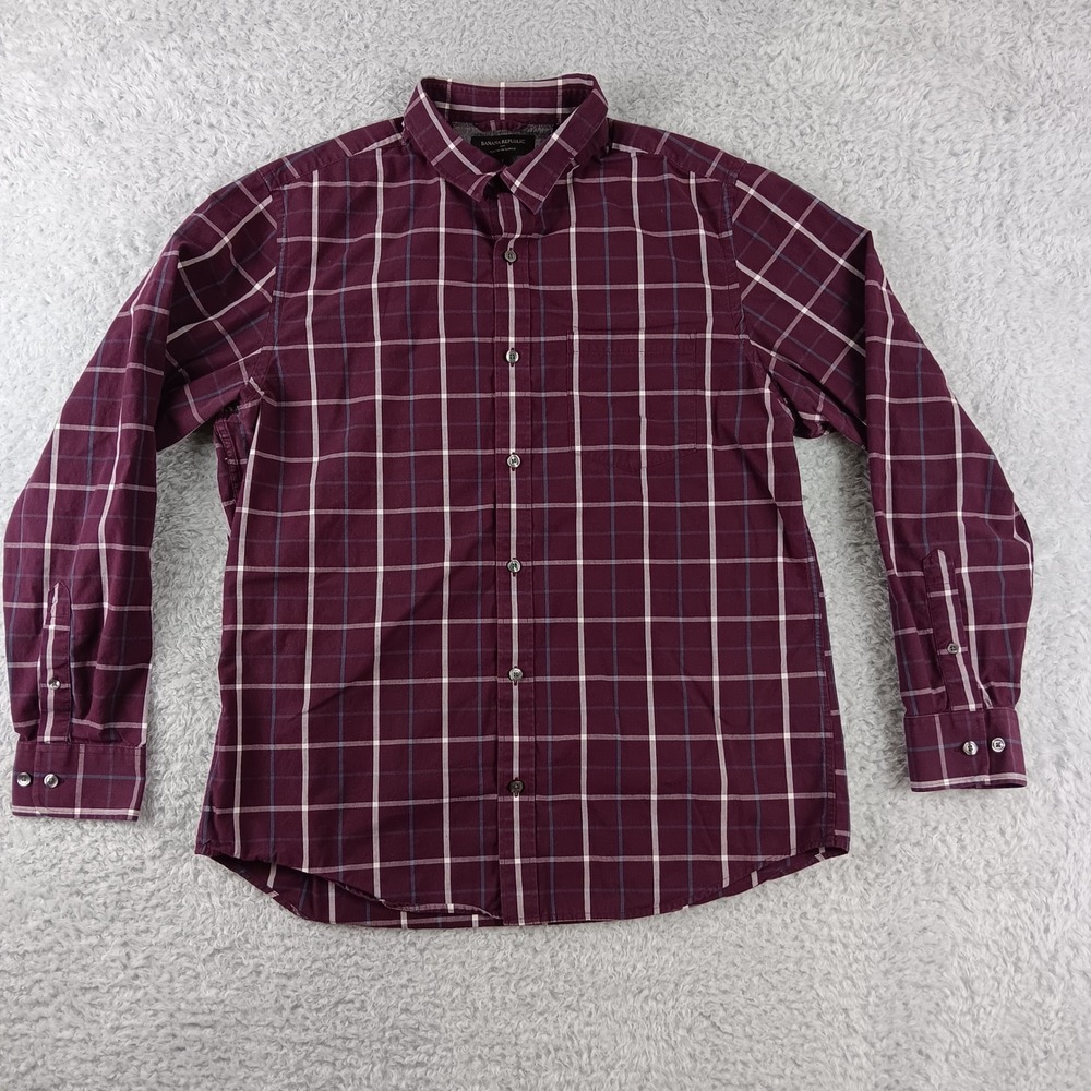 Banana Republic Button Down Shirt Mens Large Burgundy Plaid Soft Wash Slim Fit